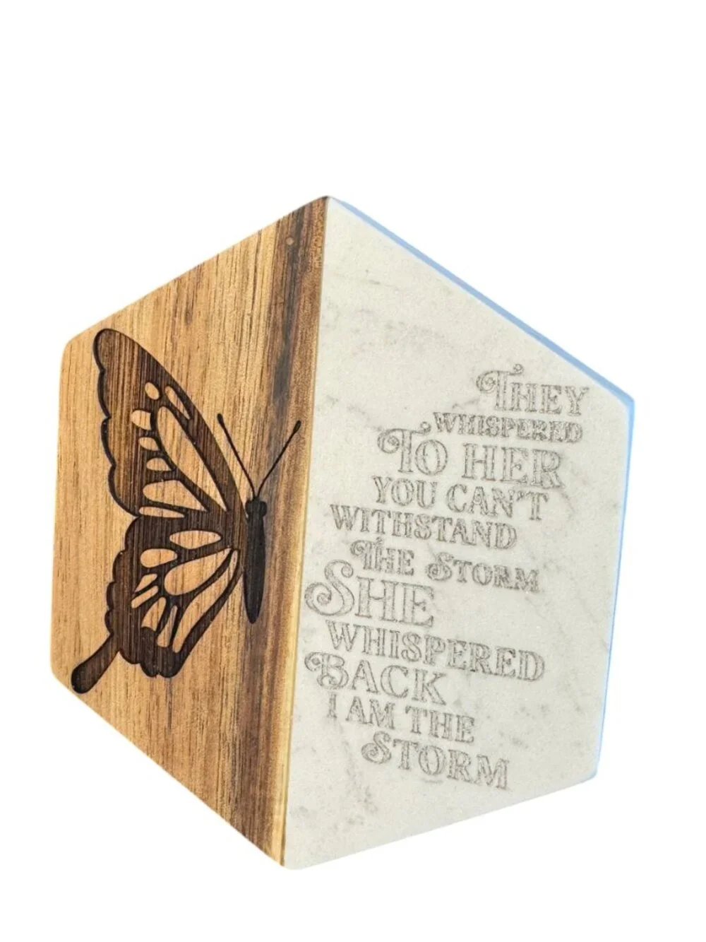 Inspirational Marble and Wood Hexagon Coaster with Butterfly Engraving